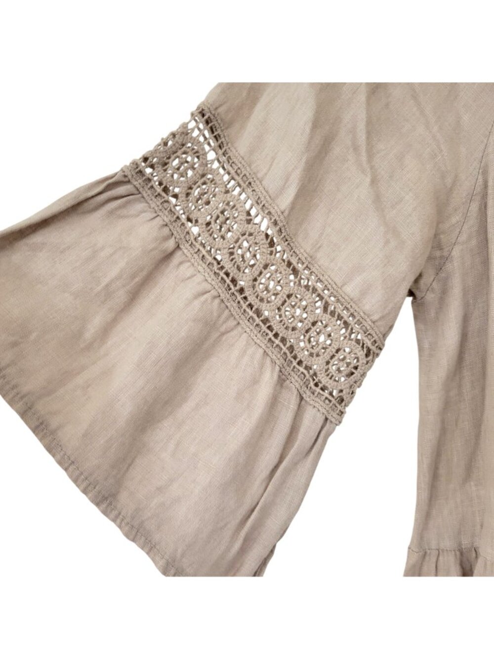 Terzo Millennio Beige Linen Dress With Bell Sleeves & Crochet Inserts Size L Mad - Picture 2 of 7